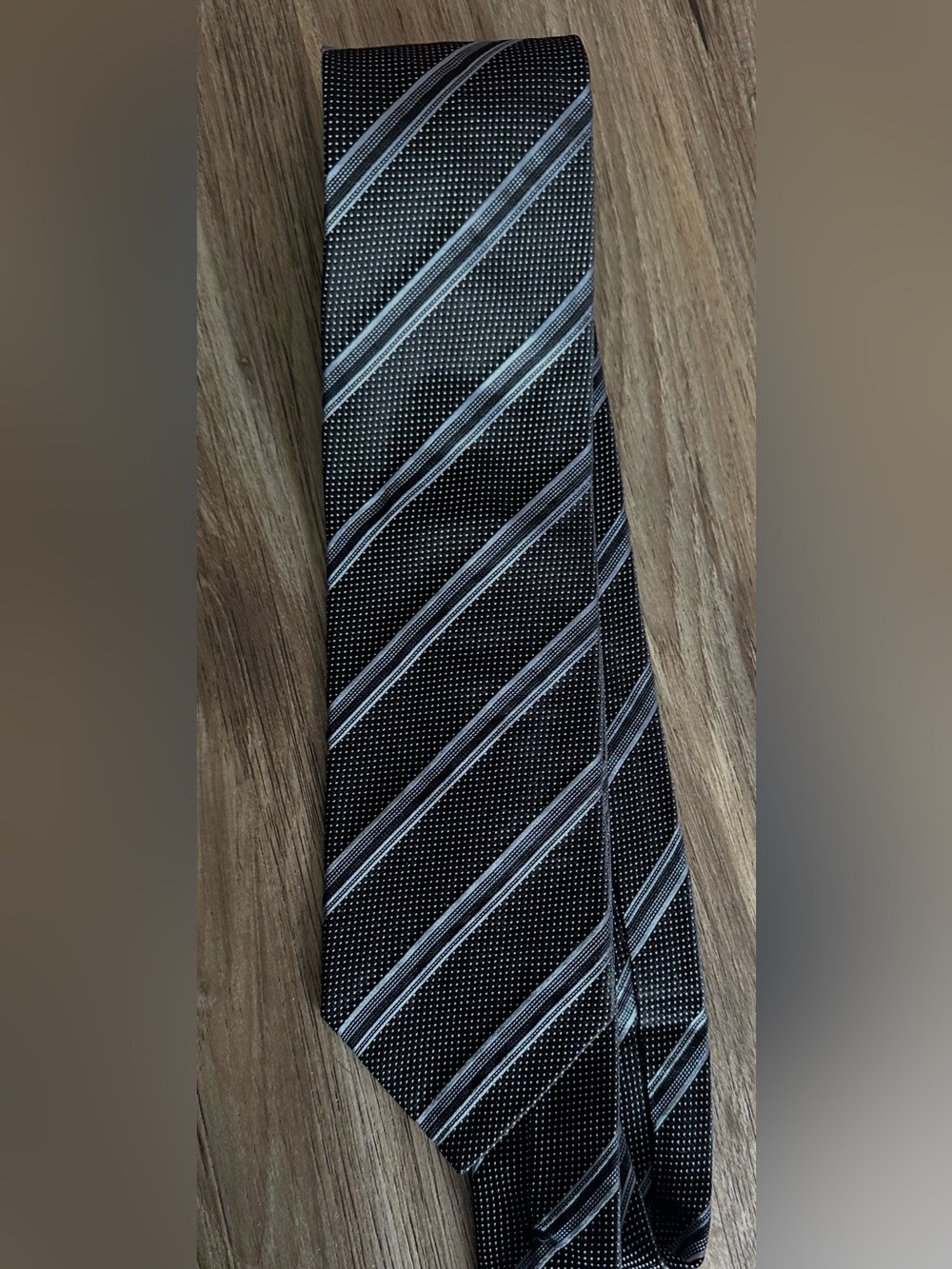 Giorgio Armani Black Tie with Gray and Silver Diagonal Stripes 100% silk.